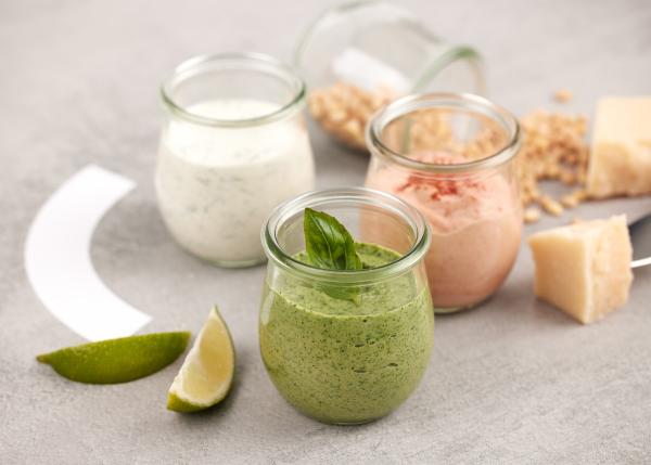 sauces and dressings, pesto, vegan mayonnaise, tarama. lemon and cheese